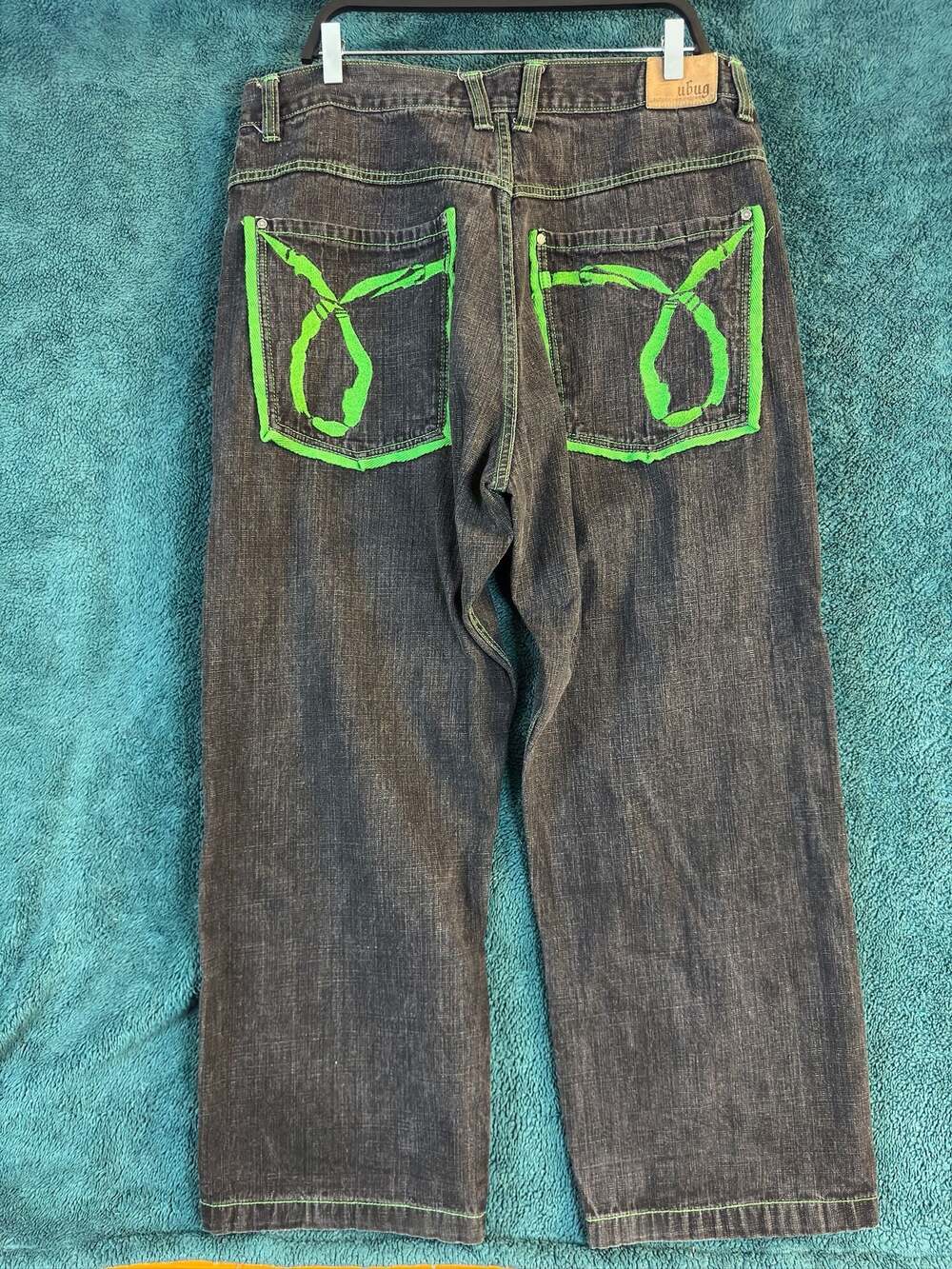 Ubug Vintage Baggy Straight Leg Jeans 42x32 Black Green Contrast Stitch